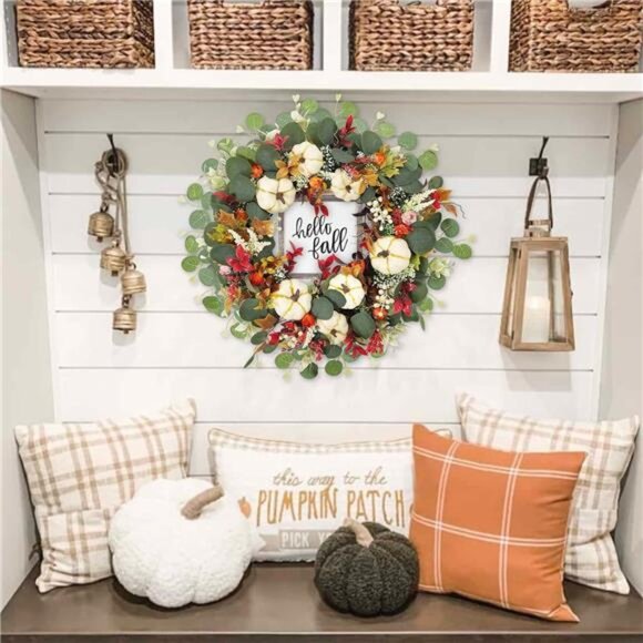 18 Inch‎ Fall Wreath - Autumn Pumpkin & Eucalyptus Wreath for Door, Mantel, Wall - Picture 5 of 7